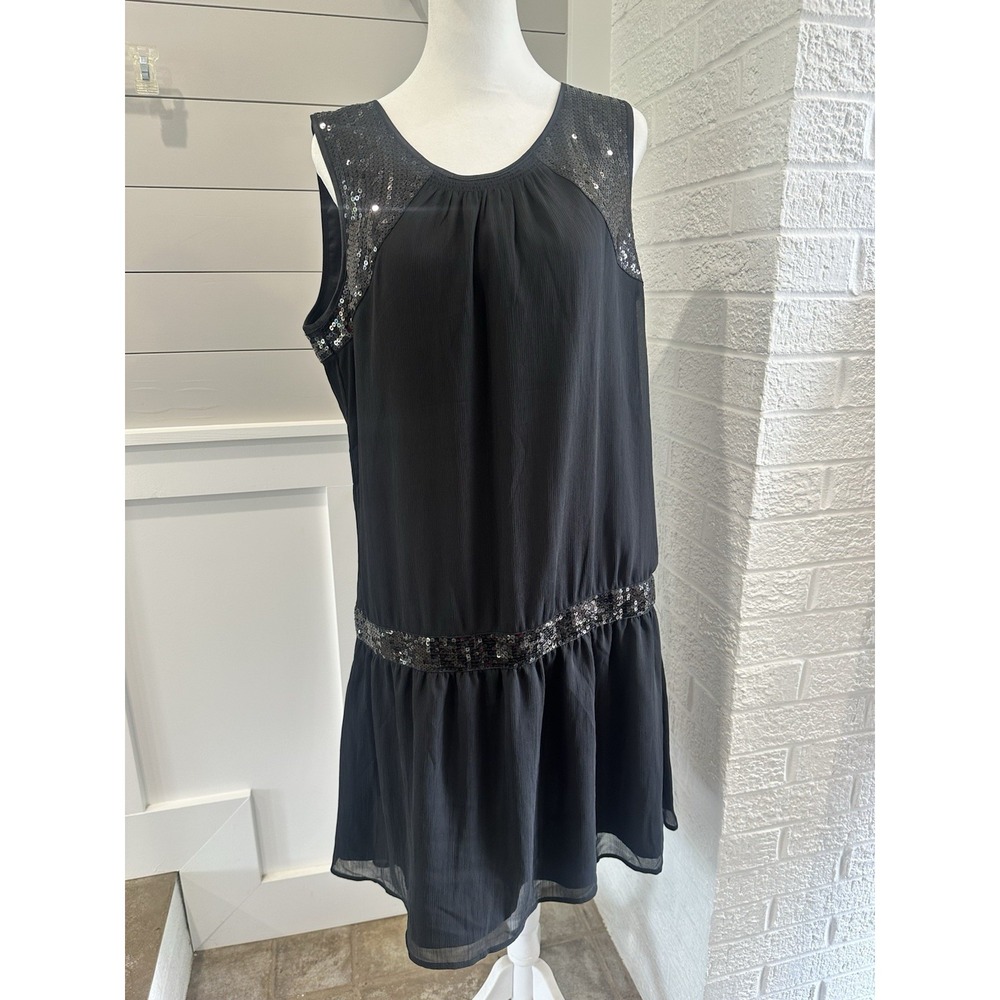 Vintage Esprit Dress US 12 Black Chiffon Short Drop Waist Flapper 20s Y2K - Picture 2 of 9